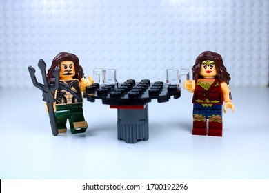 DETROIT, USA - APRIL 11, 2020: Aqua man dates Wonder Woman. Lego Mini-figures.
