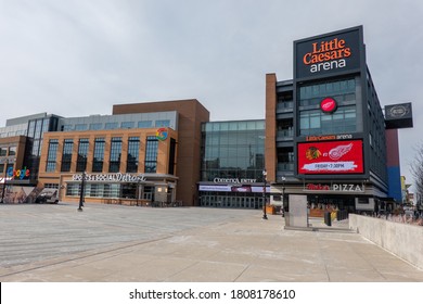 DETROIT, USA - AUGUST 14, 2019: People walk past Little Caesars arena, Detroit