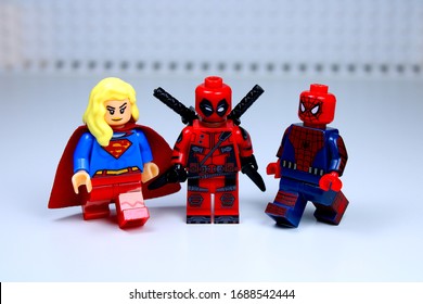 DETROIT, USA - MAR 30, 2020: Lego Deadpool with Super girl and Spider-man