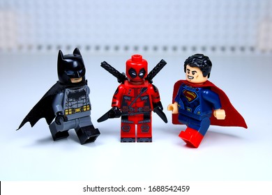 DETROIT, USA - MAR 30, 2020: Lego Deadpool with Batman and Superman