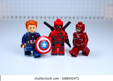 DETROIT, USA - MAR 30, 2020: Lego Deadpool with Captain America and Daredevil.