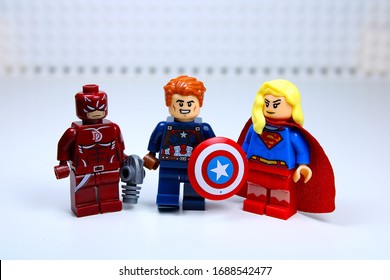DETROIT, USA - MAR 30, 2020: Lego Captain America with Dare devil and Super girl.