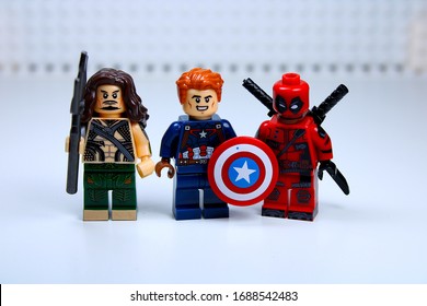 DETROIT, USA - MAR 30, 2020: Lego Captain America with Aqua man and Deadpool.