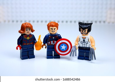 DETROIT, USA - MAR 30, 2020: Lego Captain America with Ms.Marvel and Wolverine.