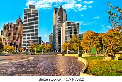 Detroit, USA - November 2, 2019: Downtown Detroit skyline from Hart Plaza