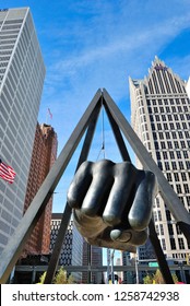 Detroit, USA - October 14, 2018 - The Monument To Joe Louis (The Fist) Memorial At Hart Plaza In Detroit, Michigan