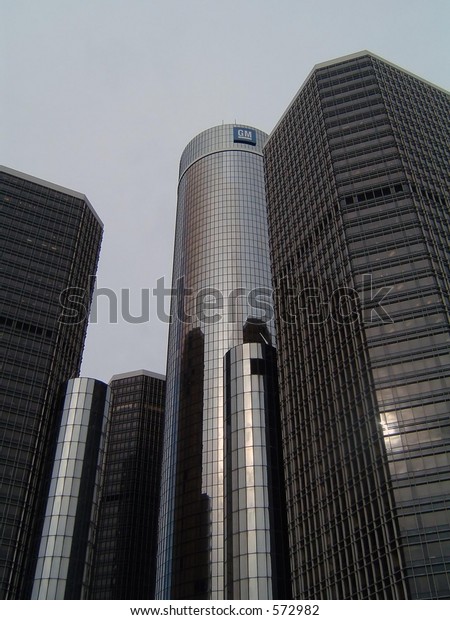 Detroit\'s Renaissance Center. Home to\
General Motors World Headquarters on the Detroit\
River.