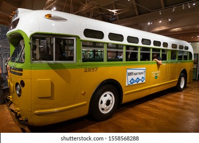 DETROIT,USA - AUGUST 6,2018: Henry Ford Museum. The bus on which Rosa Parks refused to give up her seat sparking the Montgomery Bus Boycott, a U.S. civil rights landmark