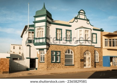 Deutsche Afrika Bank (German Africa Bank) Building, Luderitz, Namibia. Erected in 1907,  it is an excellent example of German Colonial architecture.