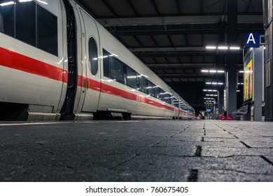 Deutsche Bahn ICE Bullet Train Closeup Side Train Station Parked Winter 2017 In Munich, Germany Hauptbahnhof