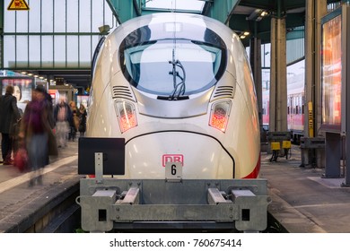 Deutsche Bahn ICE Bullet Train Closeup Side Train Station Parked Winter 2017 In Stuttgart, Germany Hauptbahnhof