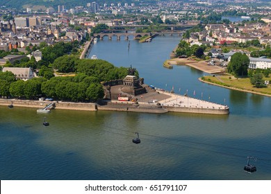 Deutsches Eck, Koblenz, Germany, View from the fortress Ehrenbreitstein with the cable car