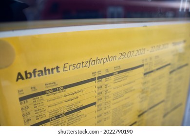 TŸbingen, Deutschland - 10.08.2021 replacement timetable at a train station, train drivers strike