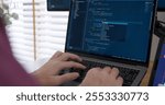 DEV desktop PC screen in AI code in IT developer skill job career typing RPA robotic text line on web page. Project Reskill Upskill HTML write python big data smart server system design cyber support.