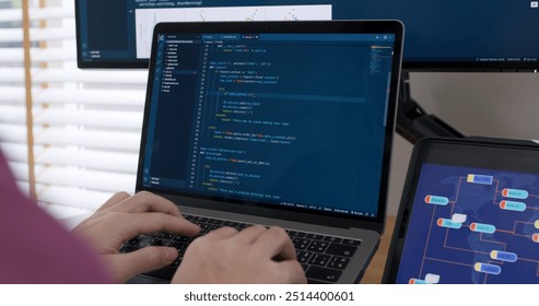 DEV desktop PC screen in AI code in IT developer skill job career typing RPA robotic text line on web page. Project Reskill Upskill HTML write python big data smart server system design cyber support.