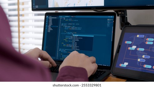 DEV desktop PC screen in AI code in IT developer skill job career typing RPA robotic text line on web page. Project Reskill Upskill HTML write python big data smart server system design cyber support.