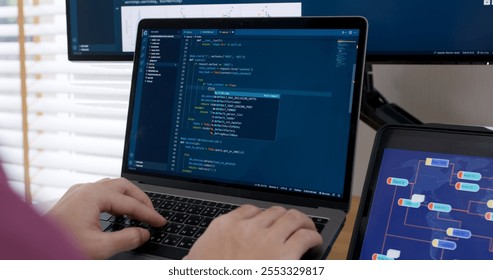 DEV desktop PC screen in AI code in IT developer skill job career typing RPA robotic text line on web page. Project Reskill Upskill HTML write python big data smart server system design cyber support.