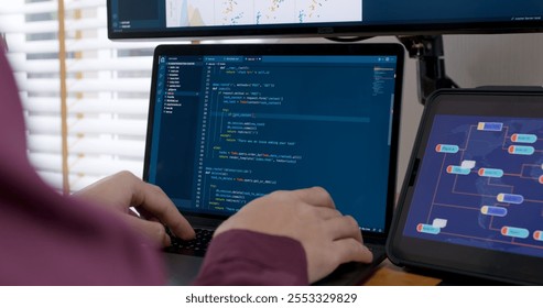 DEV desktop PC screen in AI code in IT developer skill job career typing RPA robotic text line on web page. Project Reskill Upskill HTML write python big data smart server system design cyber support.
