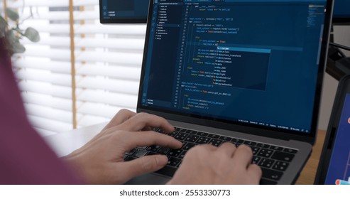 DEV desktop PC screen in AI code in IT developer skill job career typing RPA robotic text line on web page. Project Reskill Upskill HTML write python big data smart server system design cyber support.
