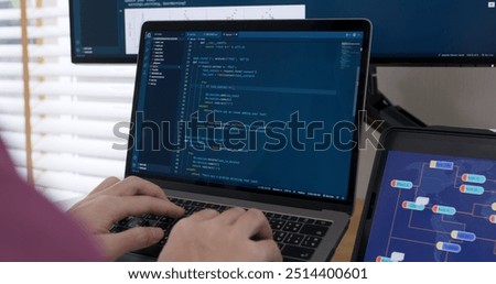 DEV desktop PC screen in AI code in IT developer skill job career typing RPA robotic text line on web page. Project Reskill Upskill HTML write python big data smart server system design cyber support.