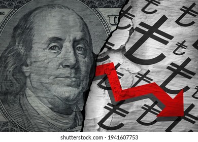 Abwertung der türkischen Lira gegenüber dem Konzept des amerikanischen Dollars. Türkisches Lira-Schild und Dollar-Banknote an der zerrissenen Betonmauer. Der hellrote Pfeil auf Lira-Symbolen auf dem Hintergrund.Wirtschaftskrise