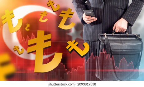 Devaluation of Turkish lira. State currency of Turkey. Falling value of Turkish currency. Devaluation fall in lira exchange rate. Money exchange rate in Turkey. Man with business briefcase and phone