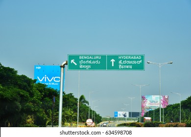 DEVANAHALLI, BANGALORE, KARNATAKA, INDIA, MAY 03, 2017: Kempegowda International Airport, . Road Sign Showing Directions To Bengaluru And Hyderabad.