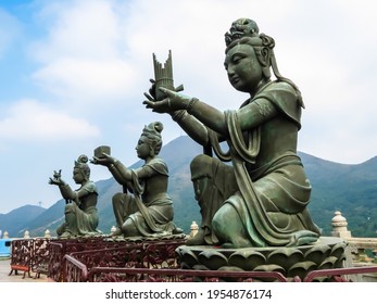 Devas (Buddhist beings) on the steps of the ladder leading to the Big Buddha. Po Lin Monastery, Lantau Island, Hong Kong