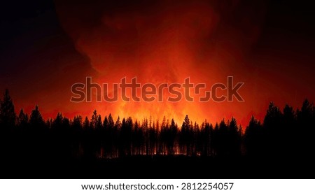 A devastating forest fire rages at night, casting an ominous glow across the dark sky. Silhouetted trees stand against the fiery backdrop.