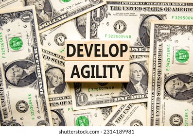 Develop agility symbol. Concept words Develop agility on wooden blocks on a beautiful background from dollar bills. Business, support and develop agility concept. Copy space. - Shutterstock ID 2314189981