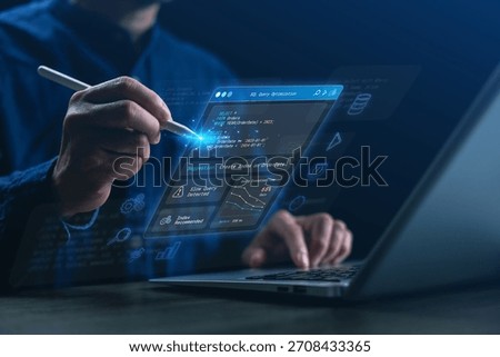 A developer analyzing and optimizing SQL queries on a hologram interface, featuring performance metrics, slow query detection, index recommendations, and execution time analysis for database tuning.