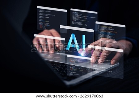 Developer coding AI algorithms on laptop with futuristic transparent UI showing multiple code snippets and Software engineer working on artificial intelligence programming