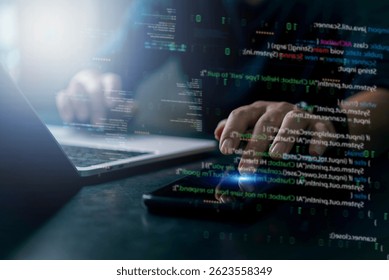 Developer coding in dark room with futuristic interface. Binary and source code reflections indicate system analysis and cyber intelligence.