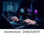 Developer coding on laptop with AI data analysis on virtual screen. Futuristic interface shows cybersecurity graphs, software development, big data. Technology innovation and programming concept.