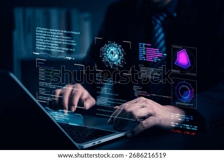 Developer coding on laptop with AI data analysis on virtual screen. Futuristic interface shows cybersecurity graphs, software development, big data. Technology innovation and programming concept.