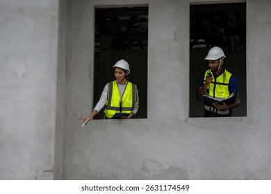 Developer and construction worker on contruction site. Architecture engineering teamwork meeting at workplace concept. engineer architect wearing safety helmet meeting at contruction site.