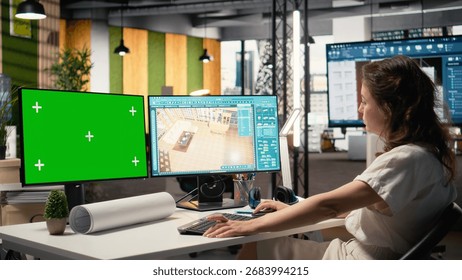 Developer in a corporate workspace analyzing master plans with mockup screen, infrastructure strategy and site preparation details to ensure housing and property investment success.