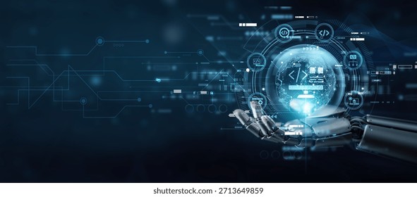 Developer hand holding globe with network connecting data web development innovation. Building digital platforms, responsive websites, online systems, coding frameworks, and connectivity.