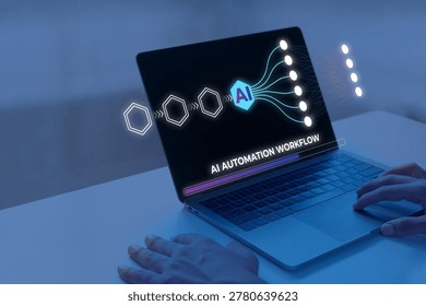 Developer hands on a laptop displaying an augmented reality holographic AI automation workflow interface with neural network machine learning graphics. Futuristic technology concept with moody blue cinematic lighting. - Powered by Shutterstock - Get 15% off with code: PIKWIZARD15