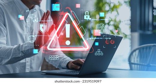 Developer man hand using laptop with triangle caution malware warning icon hologram. Scam virus spyware malware antivirus concept, cybersecurity, cyber crime, hack password - Powered by Shutterstock - Get 15% off with code: PIKWIZARD15