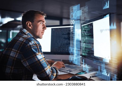 Developer, man and programmer code on computer screen with cybersecurity hologram, analytics and seo or working at night. Technology, coding and hacker on dark software, safety and iot password