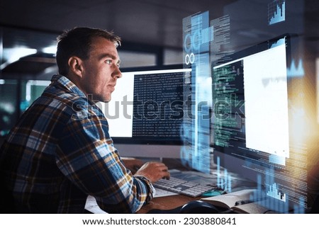 Developer, man and programmer code on computer screen with cybersecurity hologram, analytics and seo or working at night. Technology, coding and hacker on dark software, safety and iot password