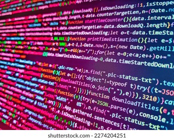Developer occupation work photo. Close up of random computer code comprised of numbers and letters. Software abstract background. Background of software developer script