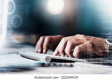 Developer, overlay and hands typing on a keyboard for digital transformation, cloud computing and code research. Software, programmer and web designer coding ai, it and programming website iot data