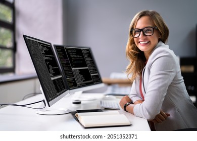 Developer Programmer Woman Coding Software On Computer