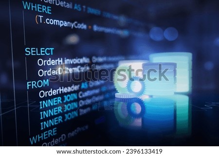 Developer or programmer's text editor showing SQL (Structured Query Language) code on computer monitor with database and server room background. Example of SQL code to query data from a database.