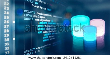 Developer or Programmer's text editor showing SQL Structured Query Language code on computer monitors with Database and server room background. Computer courses, Training, Learning, Database Backup. 