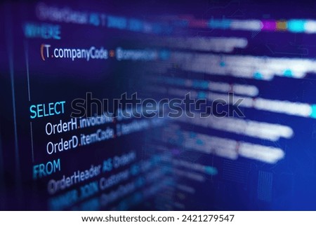 Developer or Programmer's text editor showing SQL (Structured Query Language) code on computer monitors. SQL Programming language concept, Computer courses, Training, Learning, Database Backup, DBMS.