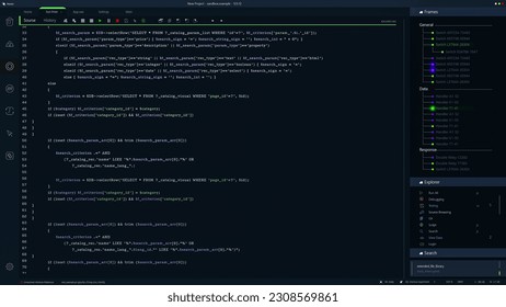 Developer Software Code Mock-up with Generic Programming Language. Dark Interface With Multiple Prompts On Monitor. Night Mode Template for Desktop Computer Displays and Laptop Screens. - Powered by Shutterstock