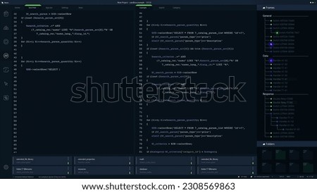Developer Software Code Mock-up with Generic Programming Language. Dark Interface with Multiple Windows Shows Coding Process, Debugging. Night Mode Template for Computer Displays and Laptop Screens.